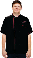 Découvrez la veste de chef à manches courtes noire avec bordure rose, fermeture boutonnée, uniforme de restaurant unisexe en tissu tissé, détection par aiguille.