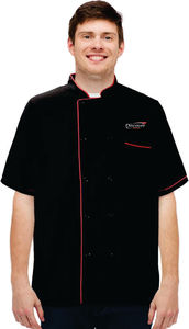 Découvrez la veste de chef à manches courtes noire avec bordure rose, fermeture à boutons, uniforme de restaurant pour homme, tissu tissé - Product Image 5