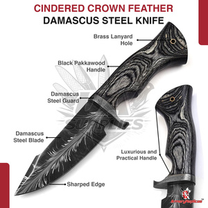 Cuchillo de Caza UA Supplies Industrial de Alta Calidad con Hoja de Acero Damasco con Patrón de Plumas en Mosaico y Mango Ergonómico de Madera - Product Image 2