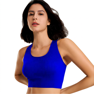 Soutien-gorge de sport côtelé noir à maintien élevé pour femme, haut court, vêtements de yoga et de fitness - Product Image 6