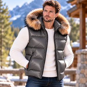Chaleco de cuero personalizado para hombre con capucha de piel de zorro |   Chaleco de cuero a medida para hombre con capucha de piel de zorro |   Chaleco de Cuero para Hombre - Product Image 4