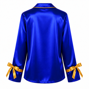 ชุดนอนผ้าซาตินสำหรับผู้หญิง Sigma Gamma Rho แขนยาว ติดกระดุม ปักลาย ชุดนอนสองชิ้น สีน้ำเงิน แต่งขอบสีทอง ชุดลำลอง - Product Image 3