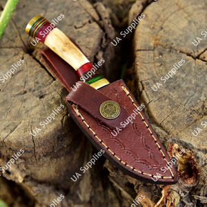 มีดสกินเนอร์ดามัสกัสจากโรงงานผู้ผลิตโดยตรง (OEM) ด้ามทำจากเขากวางแท้ พร้อมปลอกทองเหลืองและปลอกหนัง อุปกรณ์ EDC สำหรับการล่าสัตว์และการเอาชีวิตรอด - Product Image 6