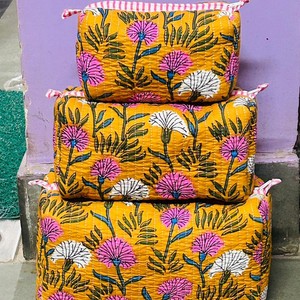 Floral Toiletry Bag Embroidered Textile Cosmetic Bag Bohemian Style Multi Function No Zipper Large Capacity Yellow Pink White - Product Image 1
