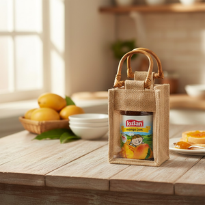 Sac fourre-tout en toile de jute à 2 compartiments avec poignées en canne et fentes transparentes |   Sac cadeau promotionnel doublé de PE avec impression de logo - Product Image 1