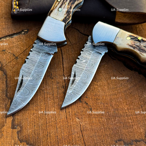 UA Supplies Industrial Grade Damascus Steel Folding Hunting Knife Clip Point Straight Blade Stag Horn Handle Wholesale Prices - Product Image 3