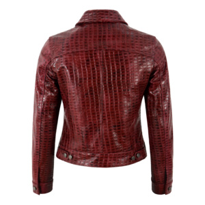 Women's Genuine Leather <b>Trucker</b> <b>Jacket</b> Embossed Crocodile Pattern Red Full Sleeve Turn-down Collar Autumn Style - Product Image 2