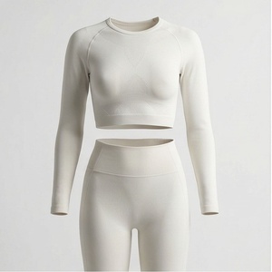 Ensemble 2 pièces pour femmes, haut court sans couture à manches longues, leggings taille haute, pour le sport et le yoga - Product Image 1