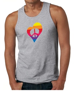 Men's Gray Knitted Tank <b>Top</b> with Rainbow <b>Heart</b> Peace Sign Print Front Logo Smart Casual O-Neck Breathable 100% Cotton Shirt - Product Image 1