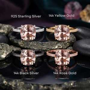 Anillo de compromiso vintage de oro vermeil de 24 quilates con halo de gemas rosas, anillo de boda de morganita con corte cojín para mujer, regalo - Product Image 4