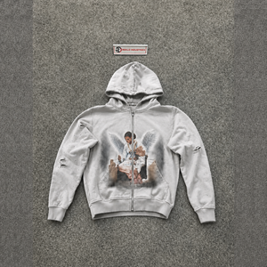 Sweat à capuche zippé PREMIUM GRAY ANGEL GRAPHIC avec imprimé ange, décontracté, respirant, en molleton bouclette, style automne, décontracté, oversize, vintage - Product Image 5