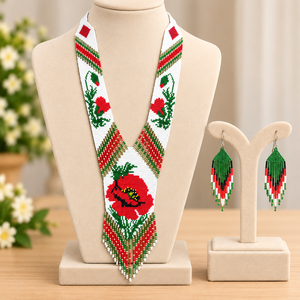 ชุดสร้อยคอและต่างหูประดับลูกปัดสีขาวสไตล์ชาติพันธุ์ พร้อมลายดอกไม้สีแดง สำหรับผู้หญิง ของขวัญที่สมบูรณ์แบบ - Product Image 2