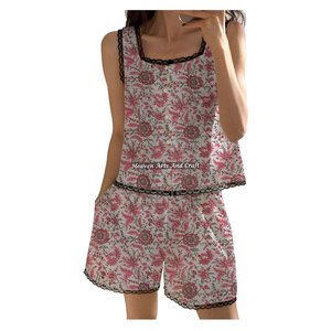 Excellent Quality Print Hand Block Print Lace <b>Trim</b> Shorts Pajama Set Cotton Spring/Summer Floral Sleeveless Pj Set Block Printed - Product Image 1