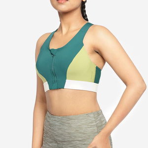 Sujetador deportivo de alta resistencia con diseño de bloques de color y cuello redondo con cremallera, personalizable, para mujer, en oferta. - Product Image 1