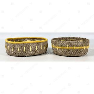Plateaux et paniers de rangement alimentaire portables en jonc de mer tressé CORDLINE, écologiques, avec accents en cordon cousu - Product Image 4