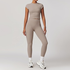 Seamless High Waist Full Length Leggings With <b>Crop</b> <b>Top</b> 2 Piece Yoga Set Solid Color Four-Way Stretch Activewear - Product Image 1