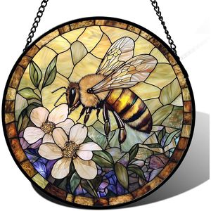 Panneau de vitrail vintage abeille et fleur jaune attrape-soleil pour fenêtre, porte, décoration intérieure, Noël, Fête des Mères - Product Image 1
