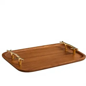 <b>Decorative</b> Acacia Wooden Tray with Gold Aluminium Handles Serving Tray for Tea Coffee Snacks Home <b>Kitchen</b> <b>Decor</b> - Product Image 1