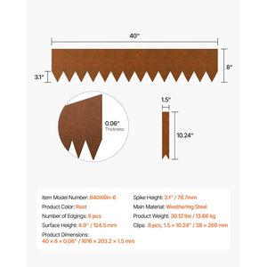Bordatura per Giardino in Acciaio, 6 Pezzi, 40 X 8, Resistente alle Intemperie, Antiruggine, Bordi Metallici Pieghevoli per Giardino - Product Image 2
