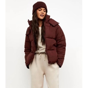 Burgundy Puffer <b>Jacket</b> Stand Collar Zipper Closure Casual Winter Windproof Thick Polyester Wadding Short Length Regular Fit - Product Image 1