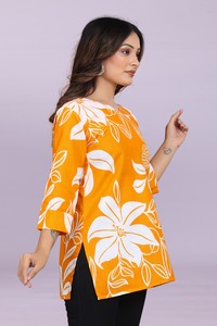 <b>Indian</b> Yellow Floral Slub Cotton Short Kurtis and Tunic for Women Ethnic Casual <b>Top</b> with Digital Print Casual and Daily Wear <b>Top</b> - Product Image 5
