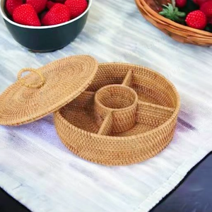 Rattan Woven Handcrafted Modern Snacks Candy Tray Lid Nuts Dried Fruit Divider <b>Box</b> 200mL Capacity Bright Home Decor Housewarming - Product Image 3