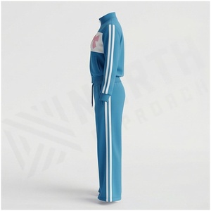 Women Blue <b>Tracksuit</b> Set With <b>Pink</b> Bow Print Full Sleeve Zipper Front Casual Sportswear Spring Wear - Product Image 3