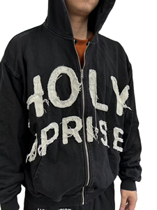 Sweat à capuche unisexe pour homme, zippé, effet vieilli et délavé, brodé, 100% coton, coupe oversize, en molleton bouclette épais, avec patchs - Product Image 6