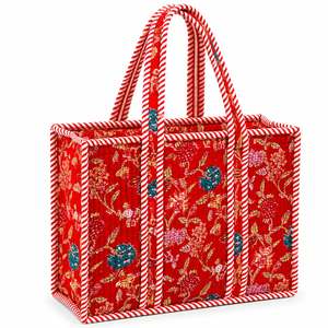 Floral Embroidered Canvas Tote Bag <b>Red</b> With White Stripe Trim Bohemian Style Open Top Shopping Bag All Seasons - Product Image 1