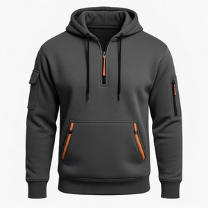 Sweat-shirt à capuche gris foncé pour homme avec fermetures éclair et poches orange, coupe classique, style décontracté, vêtement d'automne - Product Image 2