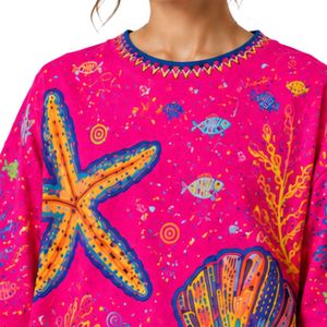 Camiseta Gráfica Oversize Rosa Fucsia para Mujer, Estampado Oceánico Colorido, Algodón Casual, Estilo Urbano, Ajuste Holgado de Verano, Personalizable OEM ODM al por Mayor - Product Image 5
