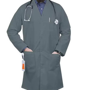 Bata de Laboratorio Gris para Hombre, Uniforme de Hospital de Algodón y Poliéster Tejido con Bolsillos para Estetoscopio y Porta Identificación - Product Image 1