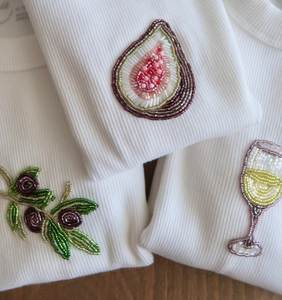 Handmade Beaded Embroidery Patch Set With Avocado Olive And Wine Glass Motifs On <b>White</b> Cotton Fabric - Product Image 1