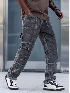Pantalones Vaqueros Casuales de Corte Moderno para Hombre, Cómodos para el Día a Día, Pantalones Cargo de Mezclilla Lavada con Múltiples Bolsillos y Cintura Media - Product Image 6