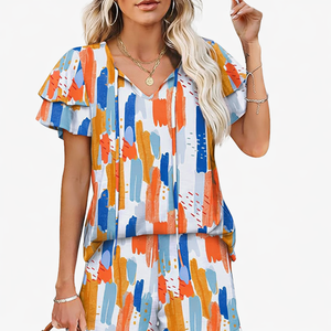 Conjunto de Ropa Informal para Mujer, Verano, Cómodo, Dos Piezas, Manga Corta - Product Image 1