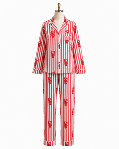Conjunto de Pijama de Algodón a Rayas con Estampado de Cangrejo Rojo de Lujo para Mujer, Ropa de Dormir de Manga Larga, Ropa de Descanso Transpirable, Pijama de Alta Calidad - Product Image 1