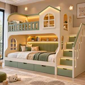 Modern Kids House Style <b>Bunk</b> <b>Bed</b> with Built In Storage Staircase LED Lighting Safety Guardrail Loft Sleeper Lower Double <b>Bed</b> - Product Image 1