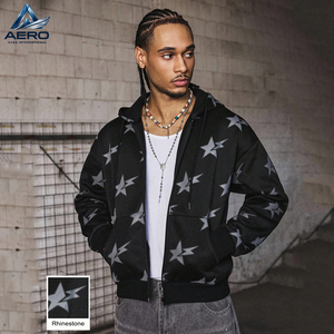 Sweat-shirt à capuche zippé pour homme, personnalisé OEM, imprimé motif étoiles sur toute la surface, fermeture éclair intégrale, en molleton, coupe ample - Product Image 3