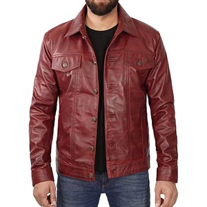 Veste de motard en cuir véritable rouge pour homme, col rabattu, fermeture à boutons, coupe ajustée, imperméable, respirante, coupe-vent pour l'hiver - Product Image 3