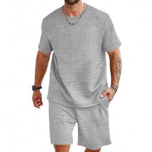 Ensemble 2 pièces pour homme, mode été, t-shirt décontracté à col rond respirant et short, couleur unie, tissage tricoté pour le sport et les loisirs - Product Image 2
