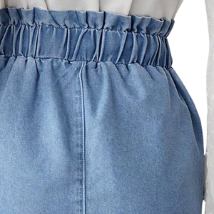 Mini-jupe en jean bleu clair pour femme, 100 % coton, taille haute, cordon de serrage, taille élastique, décontractée, avec poches, pour l'été et le quotidien - Product Image 4