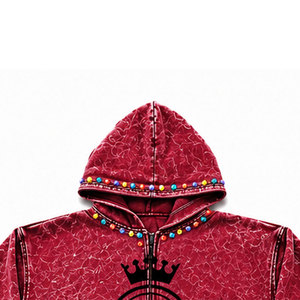<b>Men</b> <b>Red</b> Acid wash Tracksuit Hooded Full Sleeve 100% Cotton Rhinestone <b>hoodie</b> 450 Gsm Decorated Streetwear Casual Set - Product Image 6