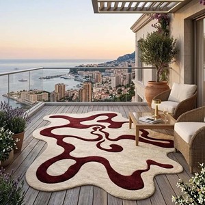 Alfombra Moderna de Diseño Irregular, Hecha a Mano, en Rojo y Crema, Alfombra de Lana Contemporánea para Sala de Estar, Dormitorio, Decoración Suave para el Hogar - Product Image 6