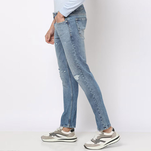 Most Selling Men <b>Light</b> Blue Straight Distressed Denim Jeans Embroidered Dragon <b>Rainbow</b> Pattern Mid Waist Button Fly - Product Image 4