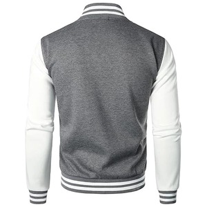 Men's Gray And White Varsity Jacket With PU Sleeves Regular Fit Casual Autumn Wear <b>Turn</b>-down Collar <b>Button</b> Closure - Product Image 2