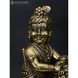 Sculpture en laiton de Krishna au beurre superfin de 3 pouces faite à la main pour la décoration intérieure, les cadeaux et les temples fabriqués en Inde - Product Image 2