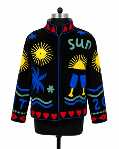 Black Velvet Mandarin Collar Jat With Sun Palm Embroidery Full Sleeve Zipper Closure Women's Summer Outerwear - Product Image 1