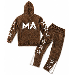 Ensemble de survêtement marron délavé à l'acide avec étoiles blanches et pantalon long à cordon de serrage 350 g/m² 100 % coton Streetwear - Product Image 2