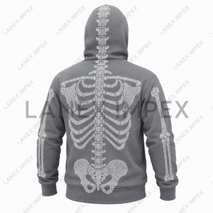 Men’s Grey <b>Skeleton</b> Rhinestone Hoodie with <b>Full</b> Zip Balaclava Mask, Crystal Skull Bone Pattern, Gothic Hip Hop Streetwear Jacket - Product Image 2