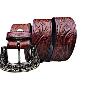 Cinturones Vaqueros de Cuero Genuino Grabado Floral Estilo Western Vintage para Hombre con Hebilla de Cobre para Jeans - Product Image 4